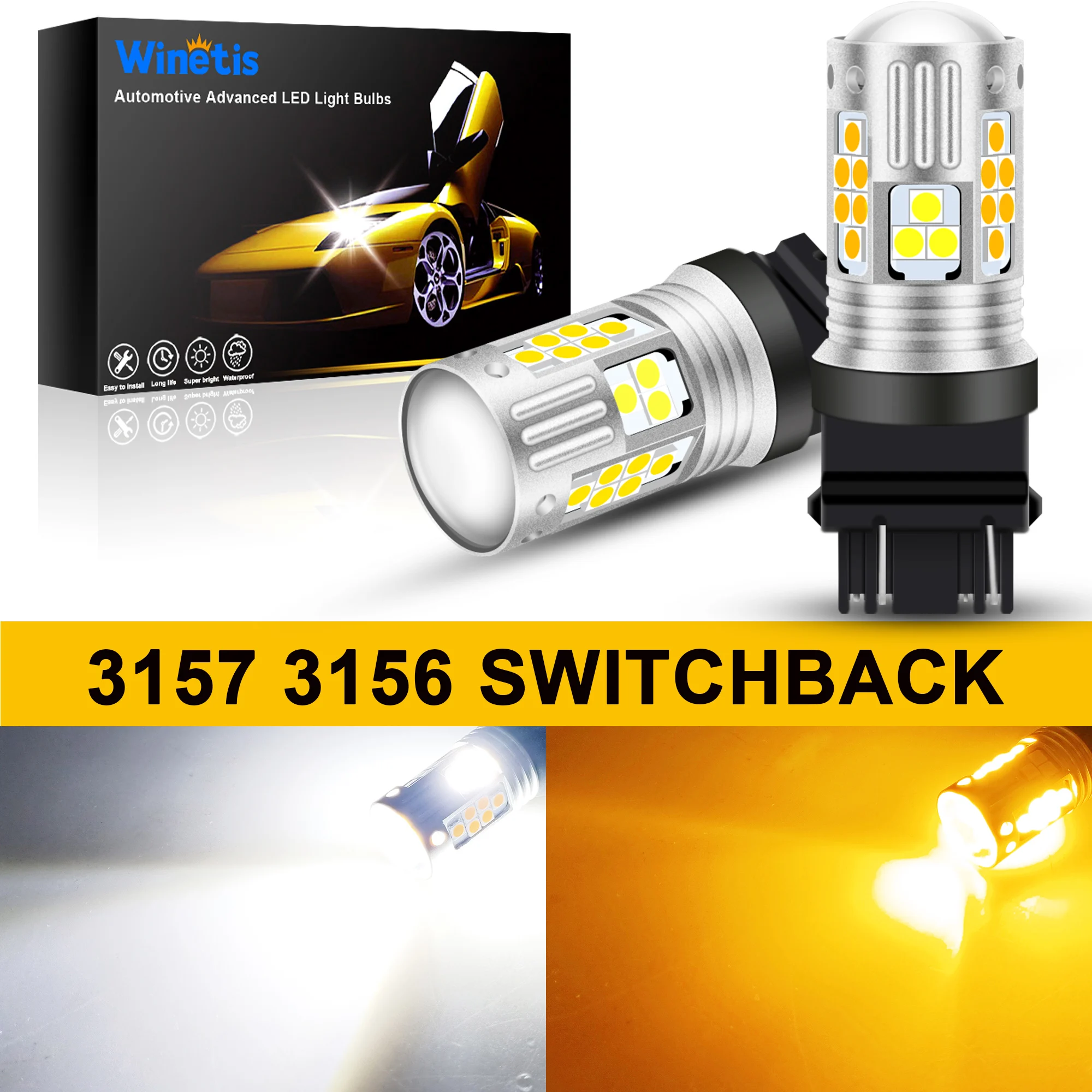 

Winetis 2Pcs T25 3157 LED Bulb Canbus Dual Color Yellow White Switchback DRL Turn Signal Indicator Lamp Auto Lights 12V P27/7W