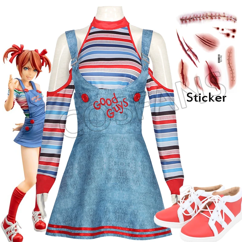 

Anime Chucky Cosplay Costumes Suspender Dress And Stickers Movie Play Role Paly Halloween Carnival Party Suit For Women Girls