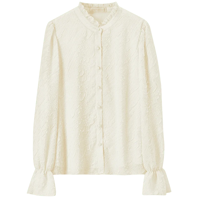 SENTUBILA Ruffle Trim Jacquard Shirts Blouse for Women 2025 Spring Fall French Style Flared Sleeve Chiffon Tops Woman 151C58162