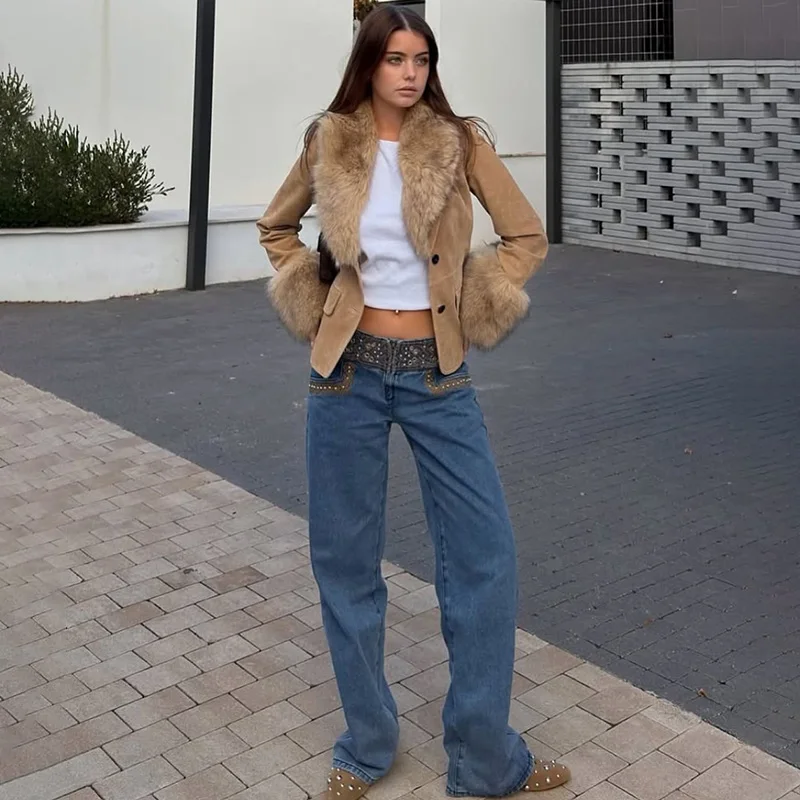 Ticketsx Fashion Suede Fur Collar Jacket Women Single Breast Pockets Slim Women Coat Elegant Vintage Winter Warm Street Clothing