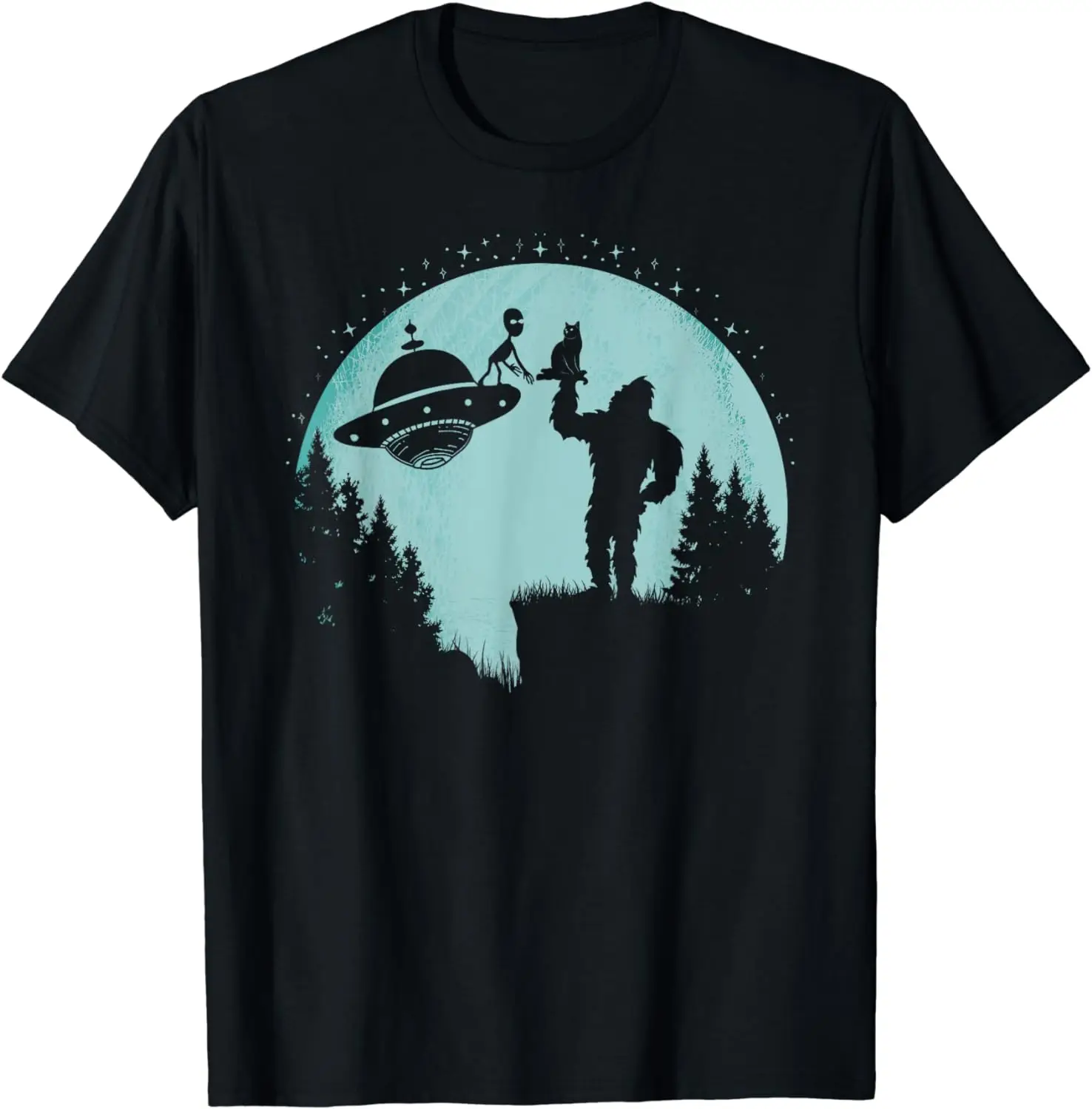 Bigfoot Holding A Cat Funny Alien Riding Ufo Sasquatch Cat T-Shirt