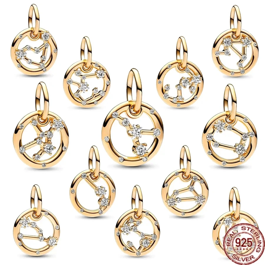 925 Silver Gold Plated Cancer Capricorn Taurus Libra Aries Leo Pendants Charms Beads Fit Original Pandora Bracelet DIY Jewelry