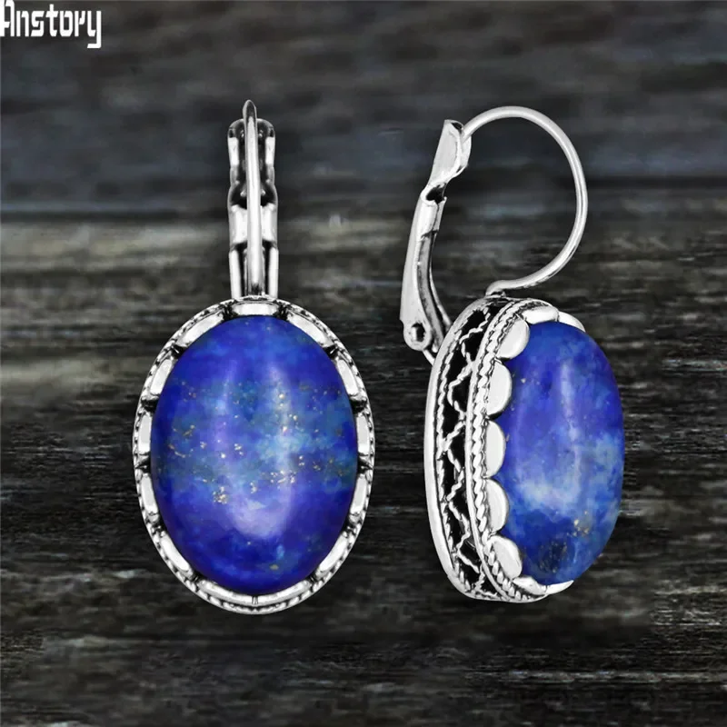 Oval Amethysts Earrings For Women Tibetan Silver Natural Stone Rose Quartz Lapis Lazuli Tiger Eye Fashion Earring