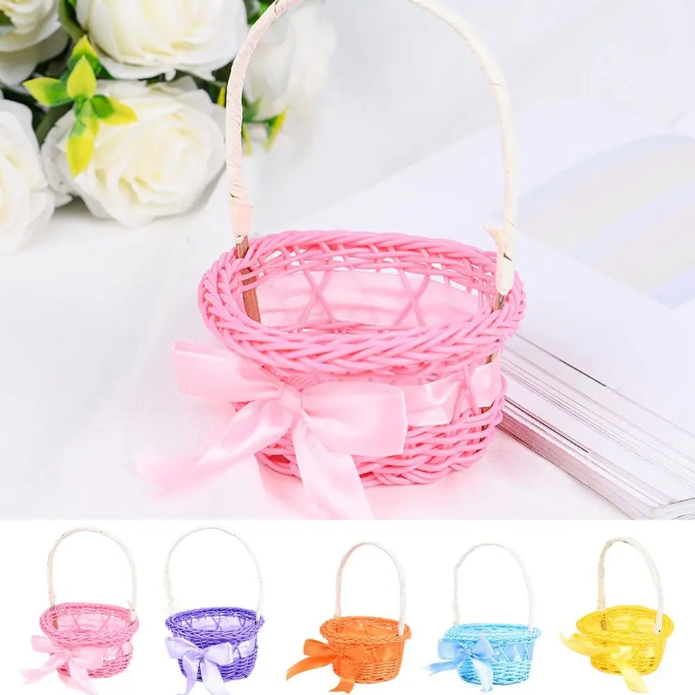 Imitation Rattan Round Small Flower Basket Pink/Purple/Orange/Blue/Yellow Decorative Woven Hand-held Flower Basket with handle