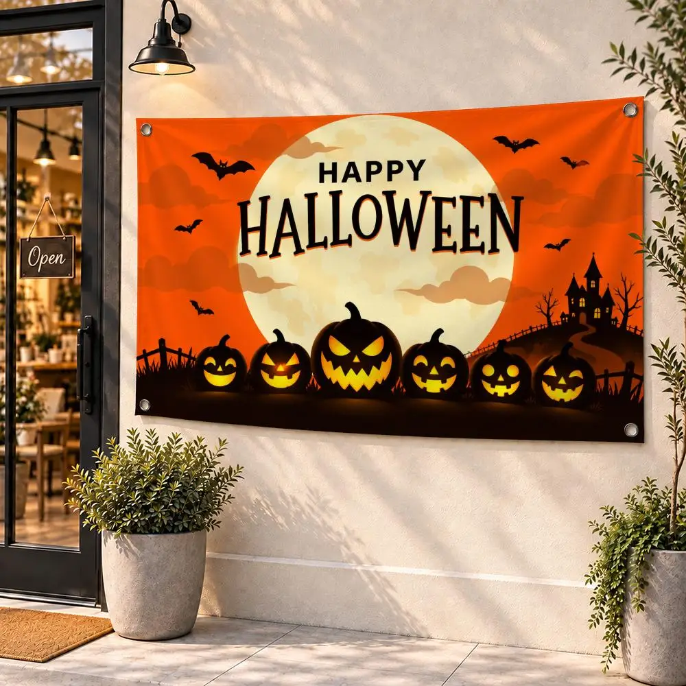 Halloween Pumpkin Banner Flags Soft Durable Tapestry Skin-friendly For Outdoor Party Home Living Room Bar Bedroom Decoration