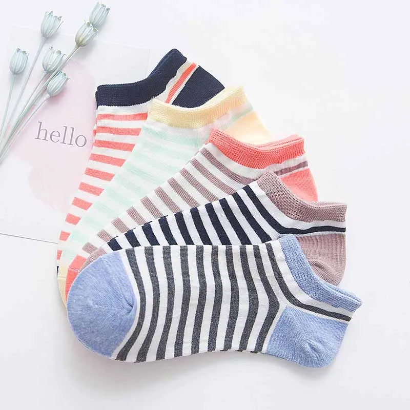 5 Pairs Spring Summer Women Socks Solid Colors Stripe Breathable Cotton Short Socks Female Funny School Girls Casual Ankle Socks