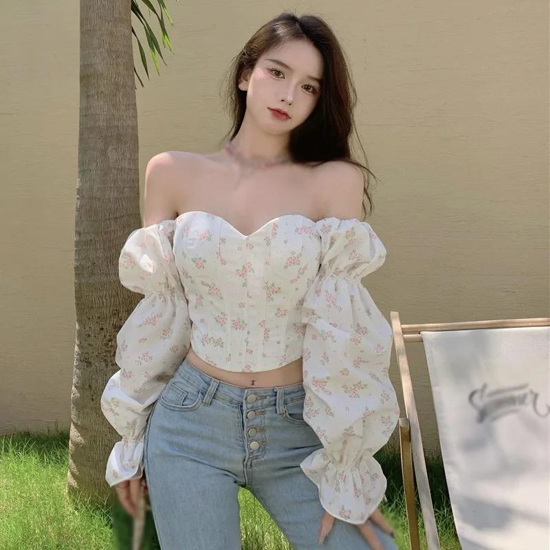 Summer Korean Retro Floral Blouse One-shoulder Slim Sexy Long-sleeved Blouse Navel Bubble Long-sleeved Shirt