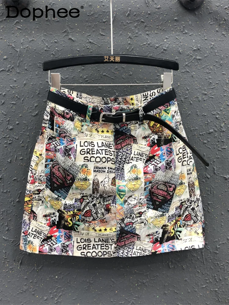 

Fashion Retro Printed High Waist Denim Skirt for Women 2024 Summer New Casual All-Matching A- Line Hip-Wrapped Skirt Mini Skirt