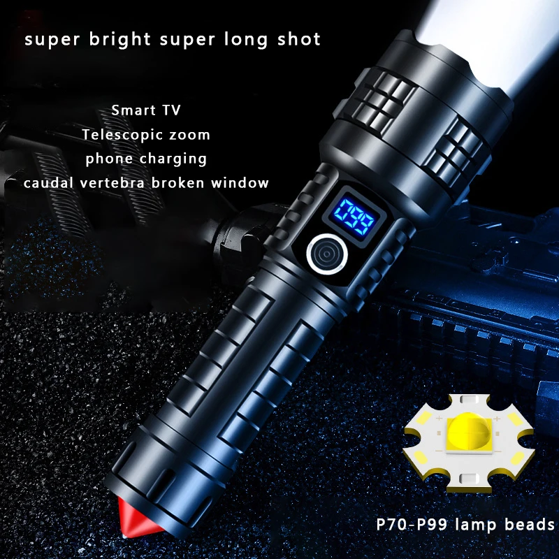 ZK30 High Power Hand Tactical Bright Light Flashlight with Safety Hammer Light LED Display for Emergency Camping Self-Defense