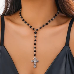 PuRui Trendy Crystal Strand Choker Women's Black Red Beads Cross Pendant Necklace Long Neck Chain Jewelry Collar Fashion Ladies