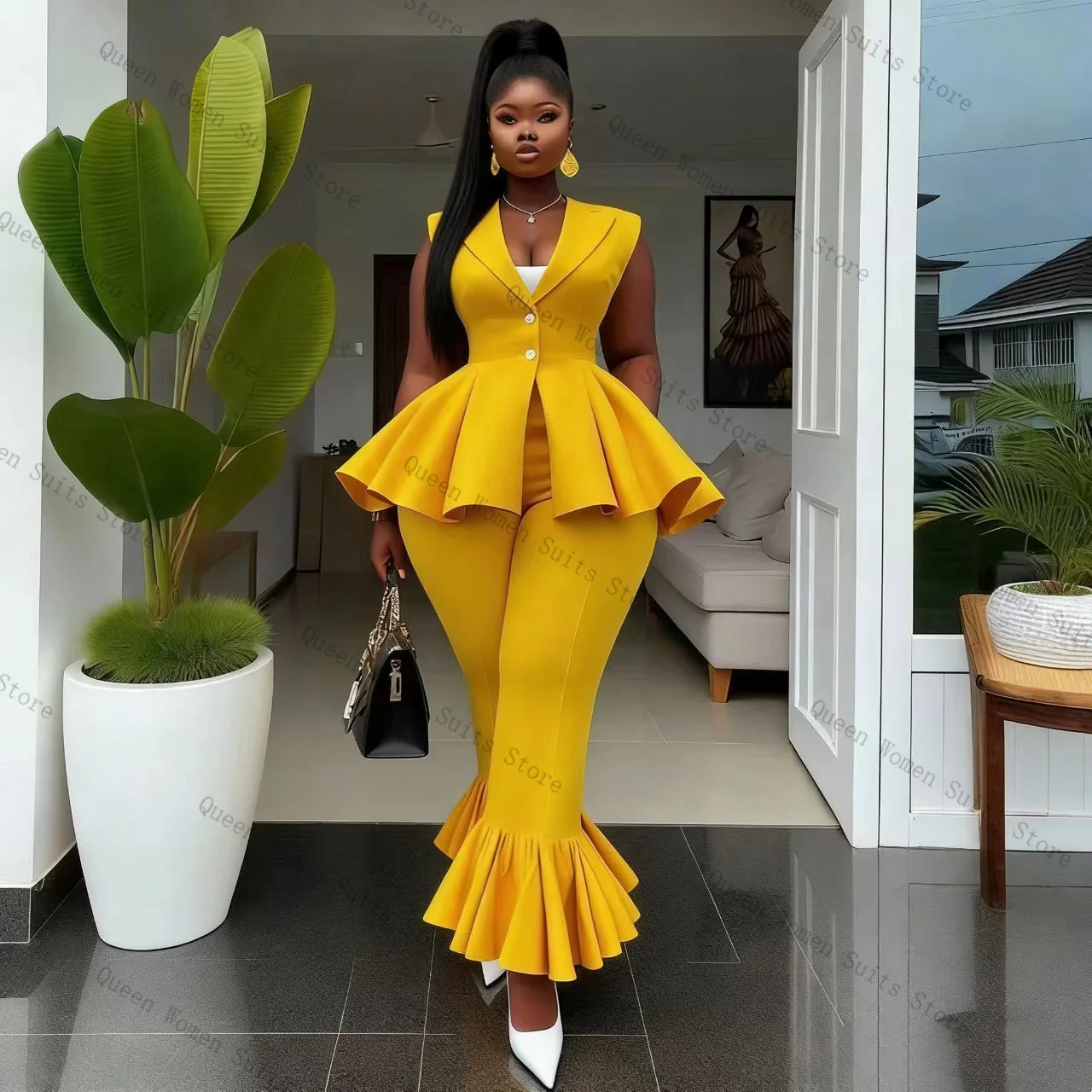 Yellow Women Suit Pants Set 2 Pcs Vest+Trousers Cotton Prom Formal Office Lady Jacket Sleeveless Wedding Coat Customized view 5