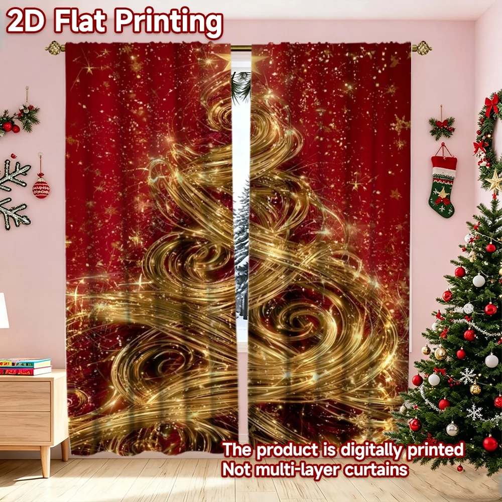 2D flat printing 2pcs Fashionable Christmas Curtains Christmas Golden Sparkling Tree Digitally printed polyester, durable