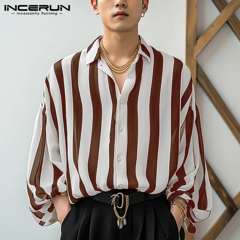 INCERUN Tops 2024 Korean Style Men Personality Vertical Striped Bishop Sleeve Shirts Casual Streetwear Long Sleeved Blouse S-5XL