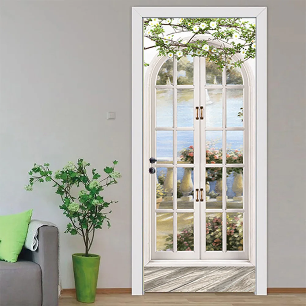 Modern Door Sticker Simulate Glass Pattern Geometric Self Adhesive Flower Wall Sticker Waterproof Washing Room Home Decor Decal