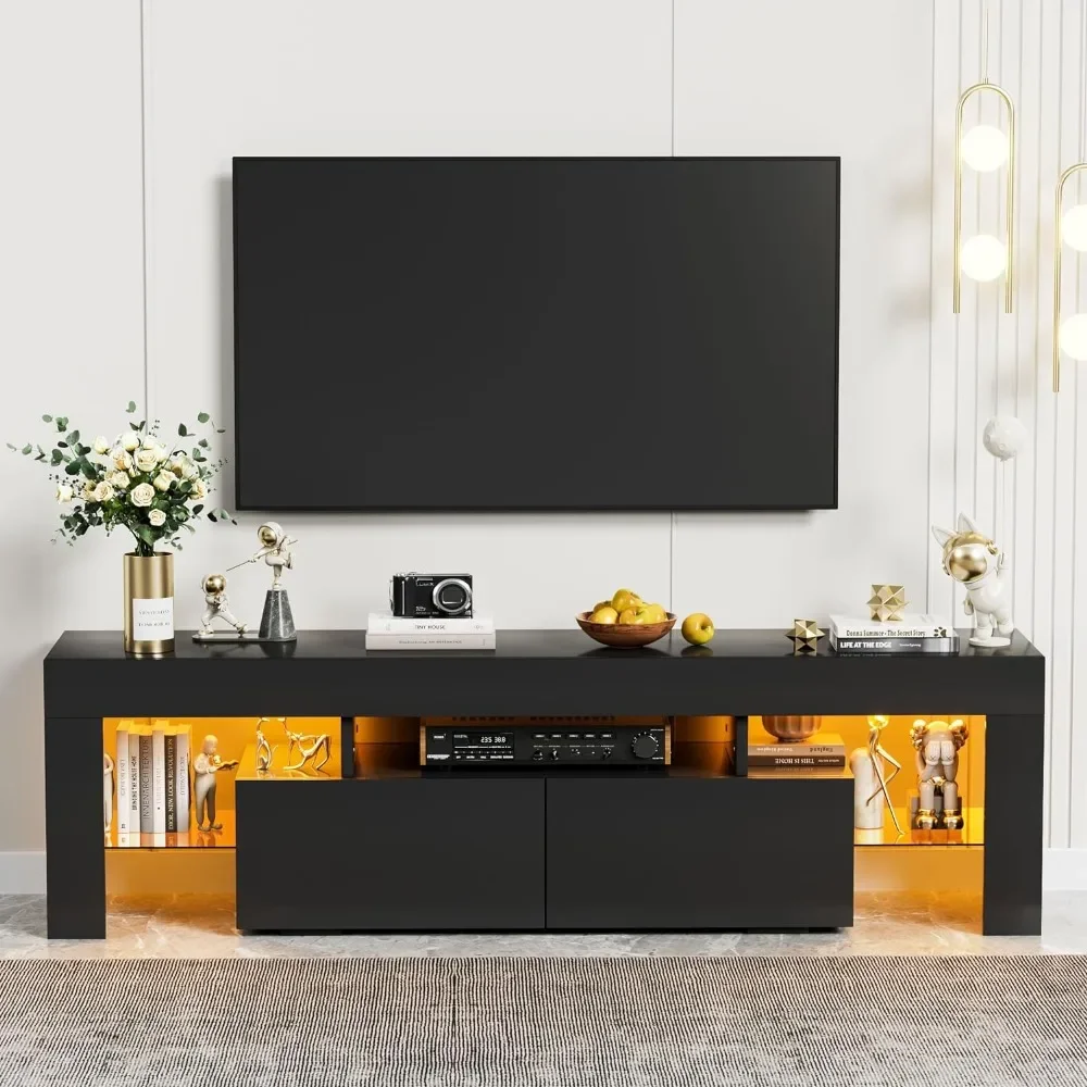 Modern LED TV Stand for Televisions up to 70 Inch with Glass Shelves and Drawer, Gaming Entertainment Center