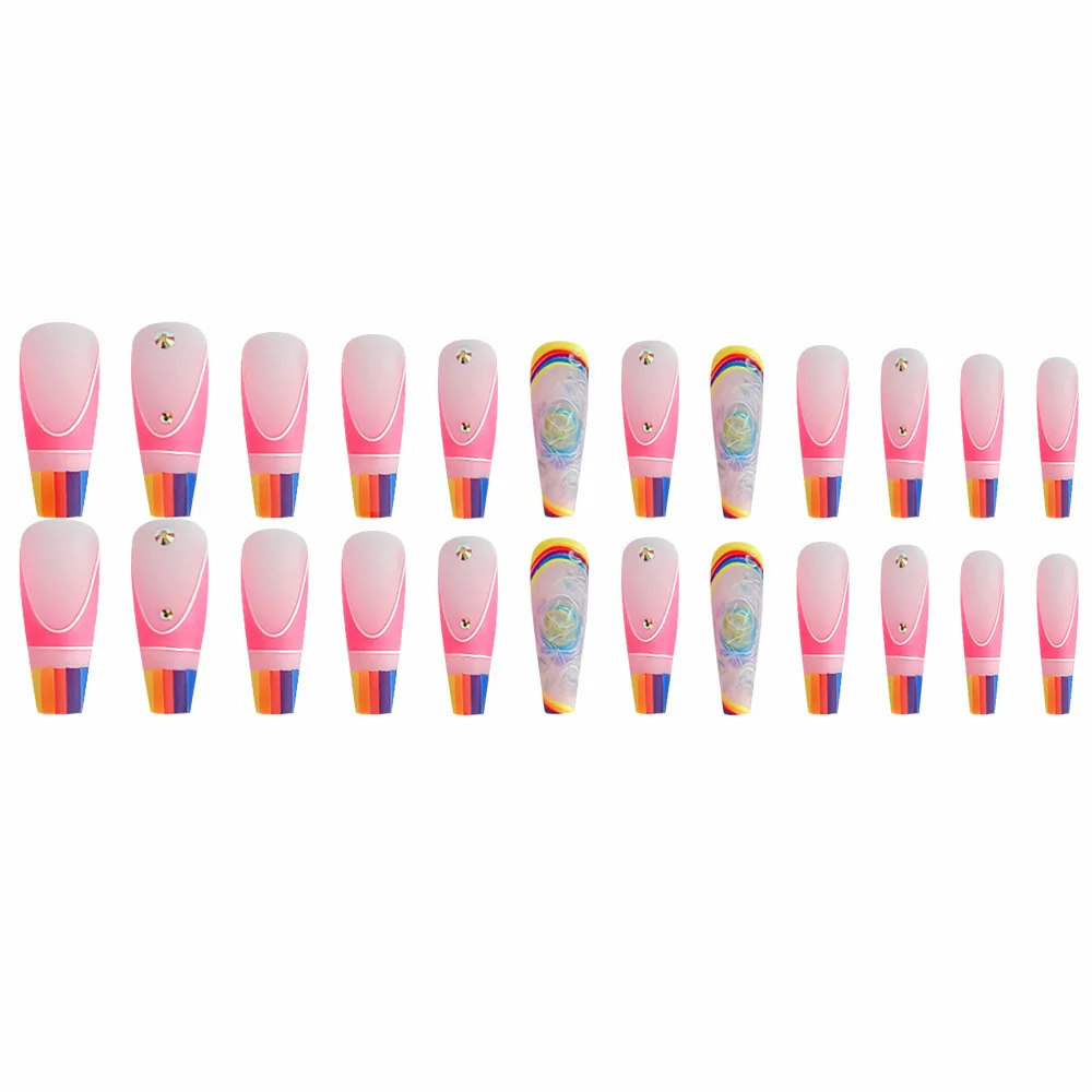 24 peças de unhas de pressão com listras arco-íris com detalhes florais rosa e strass em pontas, formato de caixão longo, tamanhos variados