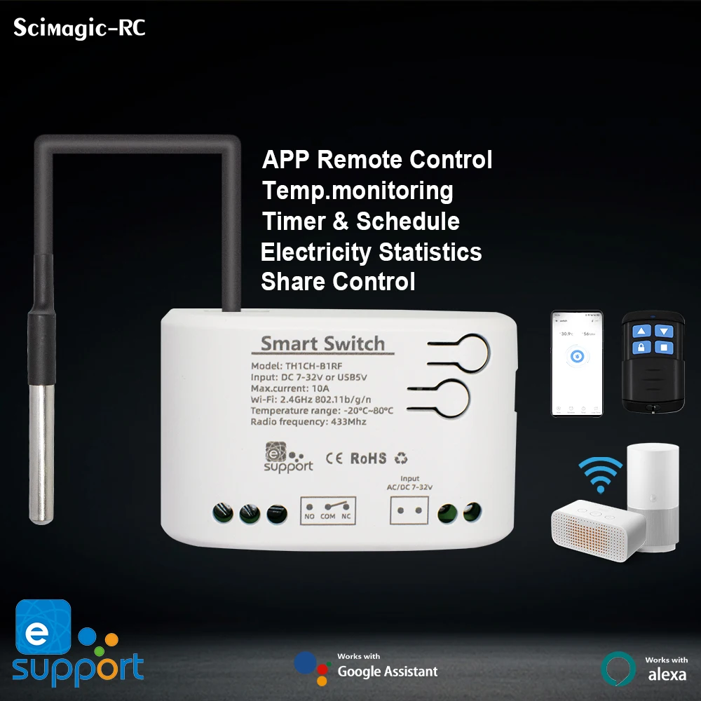 

7-250V WIFI Temperature Switch Remote Passive Dry Contact Relay Monitoring Temperature Sensor RF433MHz EWeLink Alexa Compatible