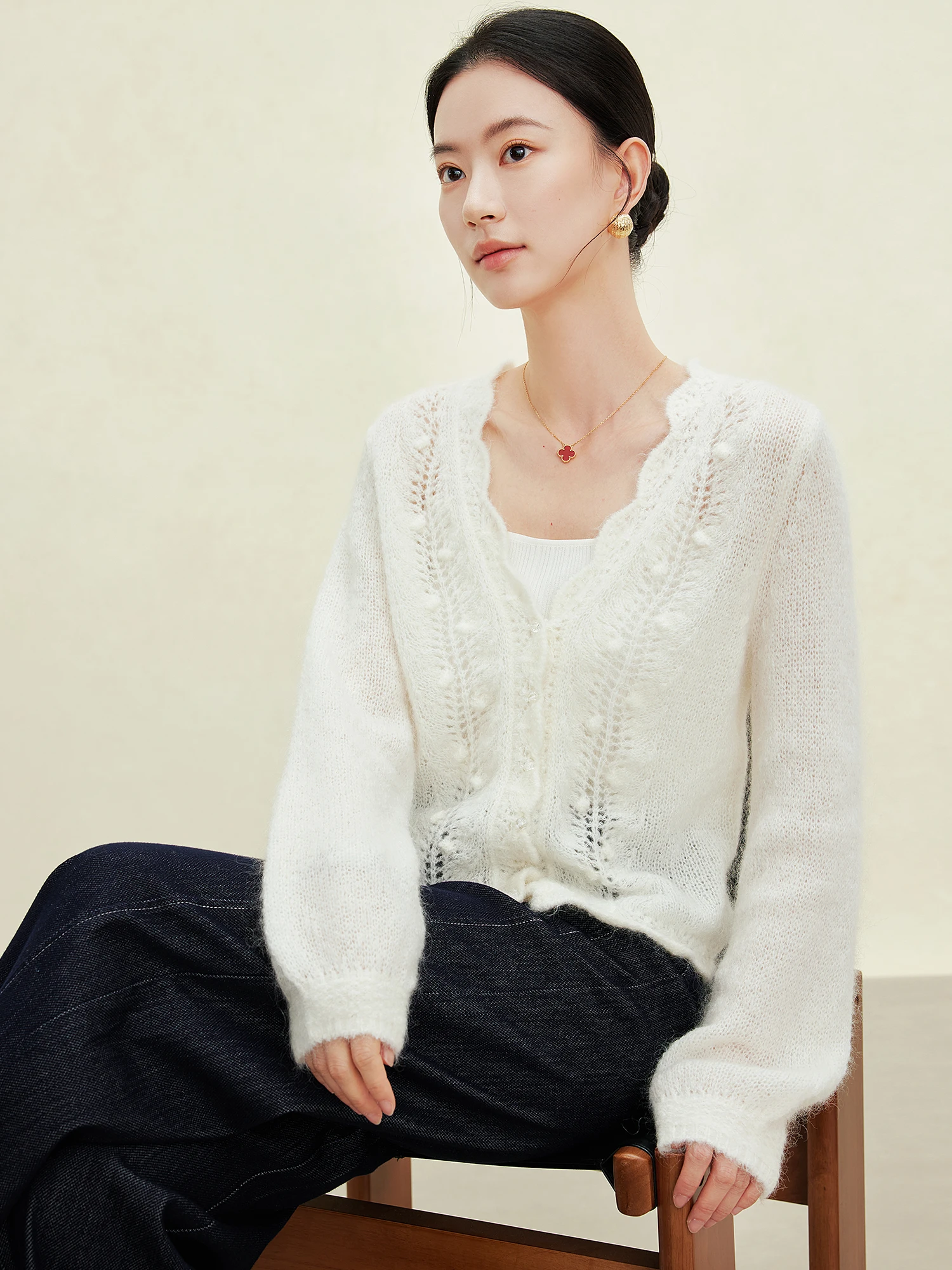 

Ji Qiu Rui Xi Heavy Industry Camere Lace Early Spring Gentle Aosphere V-ne Knitted Wool Open Cardigan Soft Nylon Blend