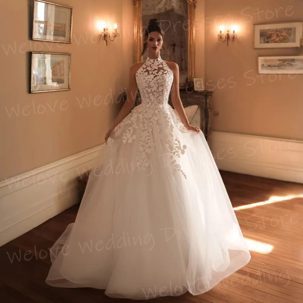 Sexy A-Linie Damen Spitze Applikationen Neckholder Brautkleider Robe De Mariée Maßgeschneiderte Brautkleider Rückenfrei Vestido De Novia