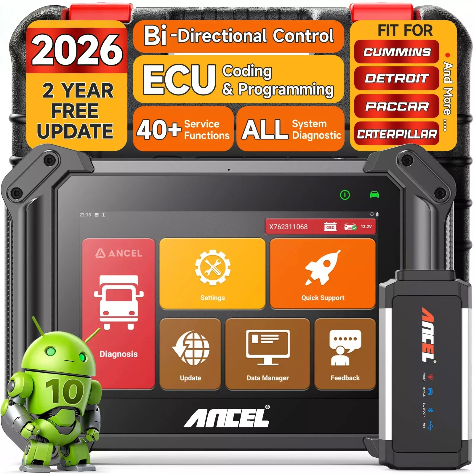 Diesel OBD2 Diagnostic Scanner Heavy Duty Truck DPF Regen ECU Coding ANCEL V6 HD Wide Diesel Truck Compatibility 40+ Resets
