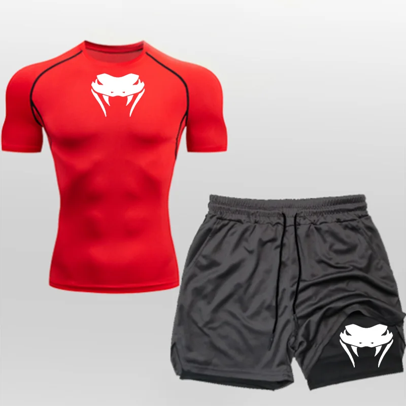 Eenvoudige vrije tijd schoon heren gecomprimeerd, sport-fitnesskleding - sneldrogend strak dubbellaags shorts met korte mouwen zomerset