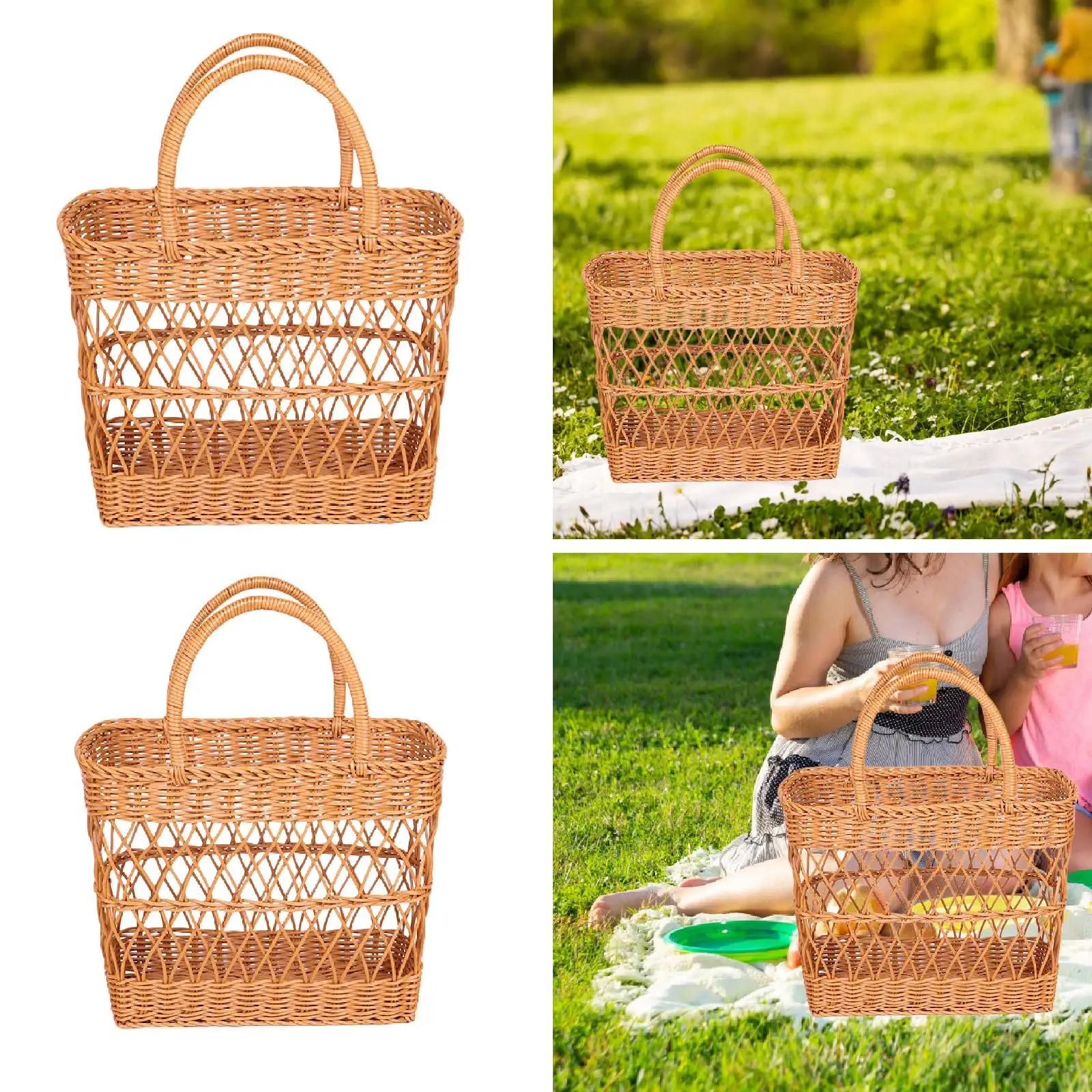 

Picnic Basket with Handles Cosmetics Container Household Decor Practical Imitation Rattan Fruit Basket for Outdoor Bread Kitchen
