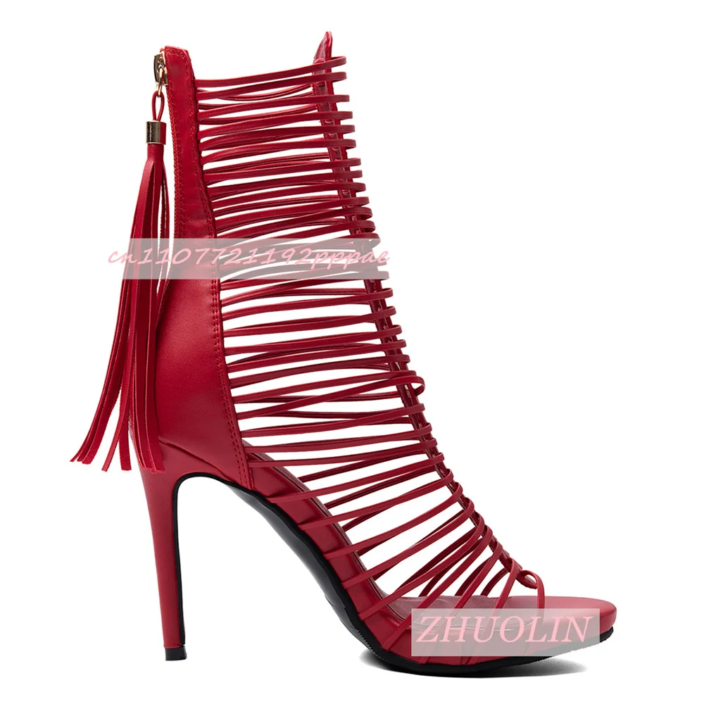 Women Red Hollow Gladiator Knee High Sandals Fringe Zipper Stiletto Heels Open Toe Platform Caged Strappy Party Dress Footwear