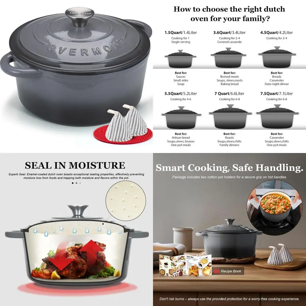 

7-Quart Enamel Cast Iron Dutch Oven with Lid and Cotton Potholders - Ideal for Braising, Stews, Roasting, and Baking in Grey