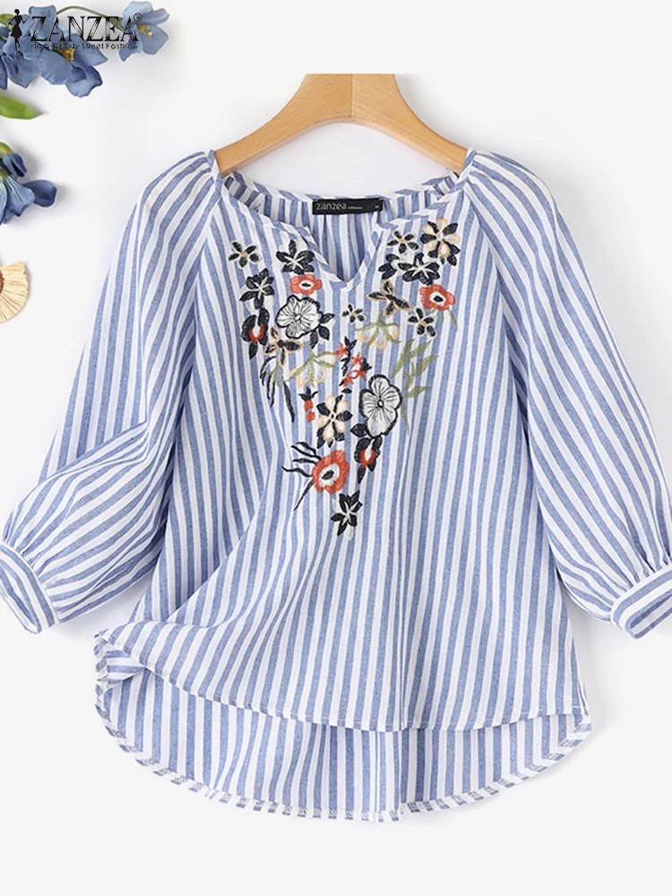 ZANZEA Autumn Fashion Floral Embroidery Blouse Women Bohemian Striped Tops Casual V Neck 3/4 Sleeve Holiday Shirt Work Blusas