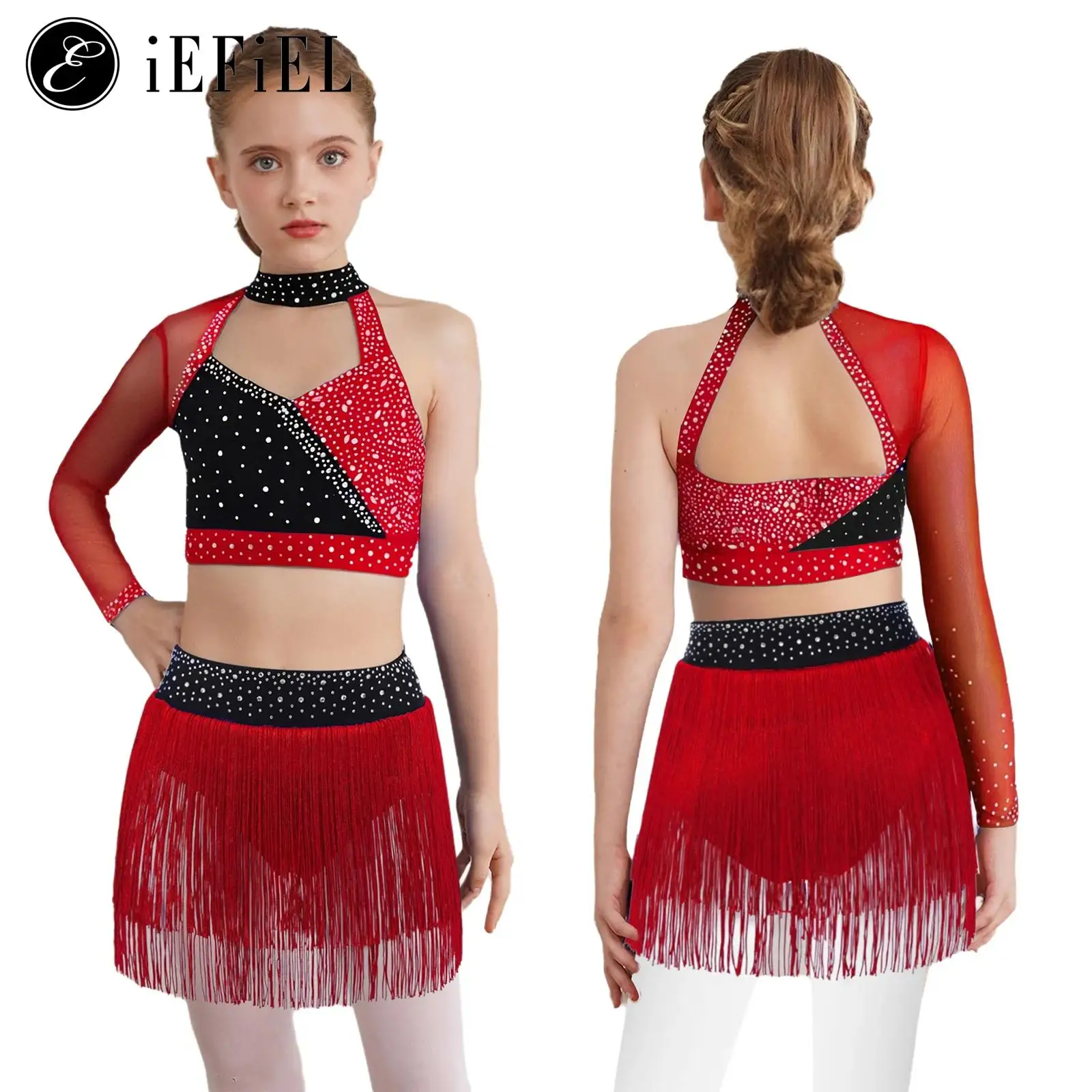

Girls Latin Dance Outfits One Shoulder Sleeve Mesh Rhinestones Crop Top +Tassel Briefs Skirt Skating Lyrical Ballet Dance Set