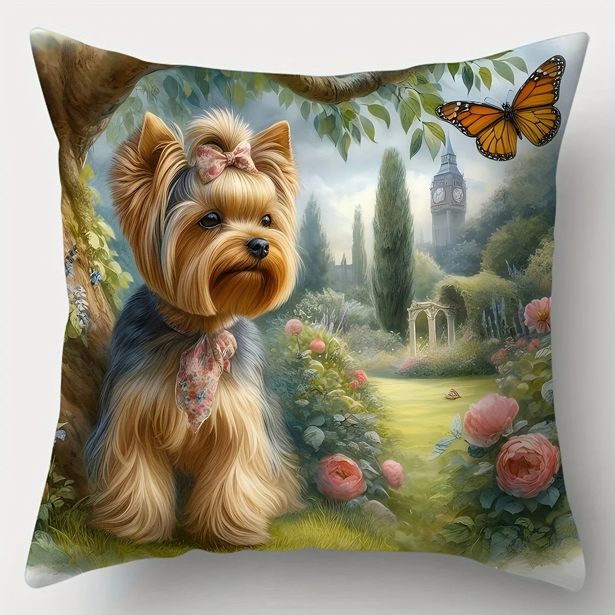 4Pcs Yorkshire Terrier Pillow Covers 45x45cm Double-sided Printed Dog Garden Butterfly Cushion Cases Pet Lover Decor No Insert