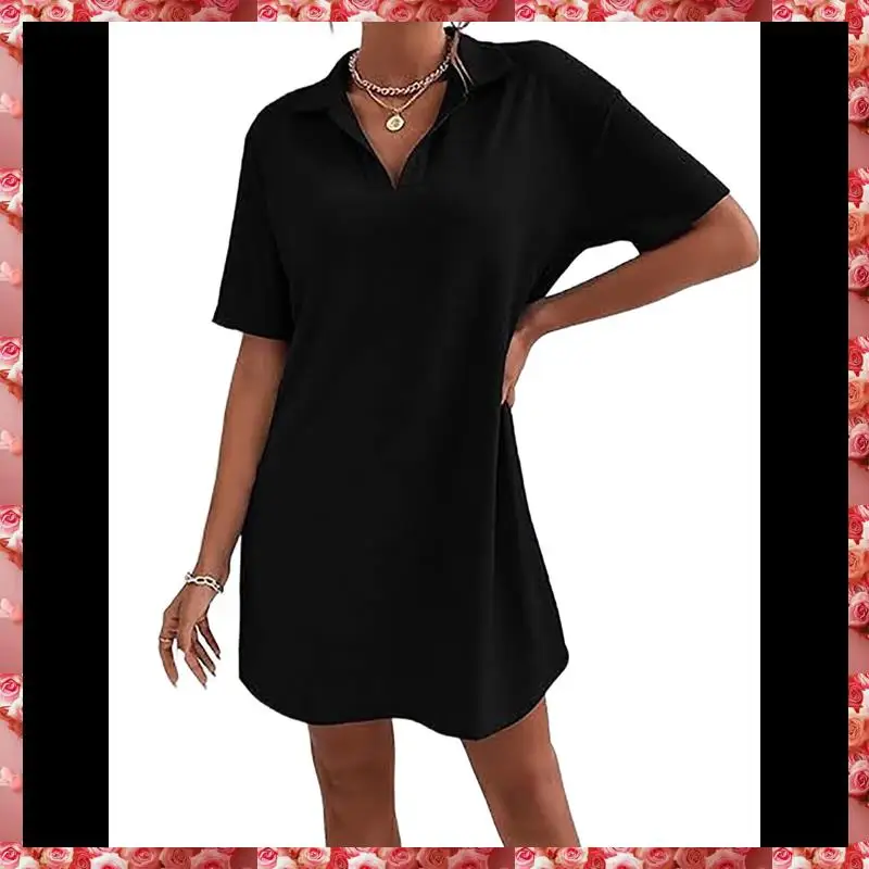 فستان نسائي صيفي برقبة على شكل حرف V صيفي بأكمام قصيرة وفضفاض غير رسمي بياقة تي شيرت