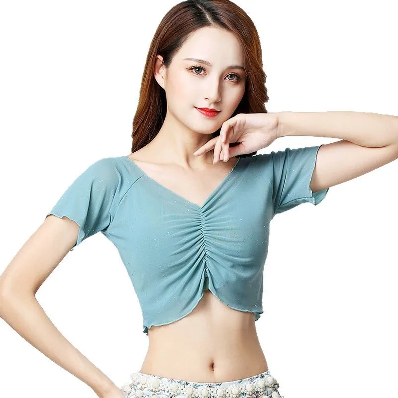Trajes de dança do ventre personalizados, novo roupa moderna para prática de dança oriental, umbigo exposto, top curto