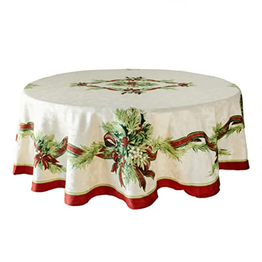 

Christmas Ribbons Engineered Printed Fabric Table Cloth for Winter Holiday and Christmas Decor 70 Round Xmas Ribbons Pattern Re