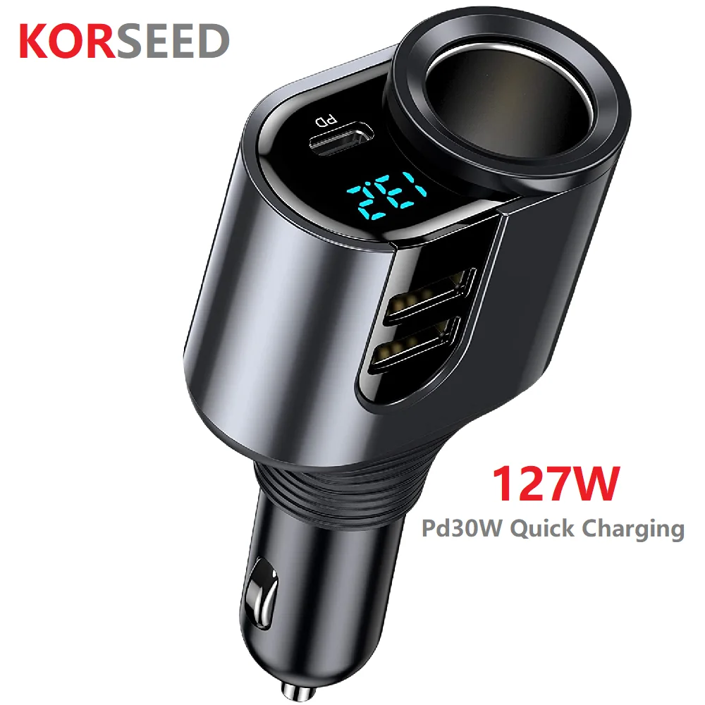 New Car Charger Lighter Adapter 4 in 1 Car Cigarette Splitter Type C Dual USB Ports Voltage Display 127W Fit for Auto Outlet