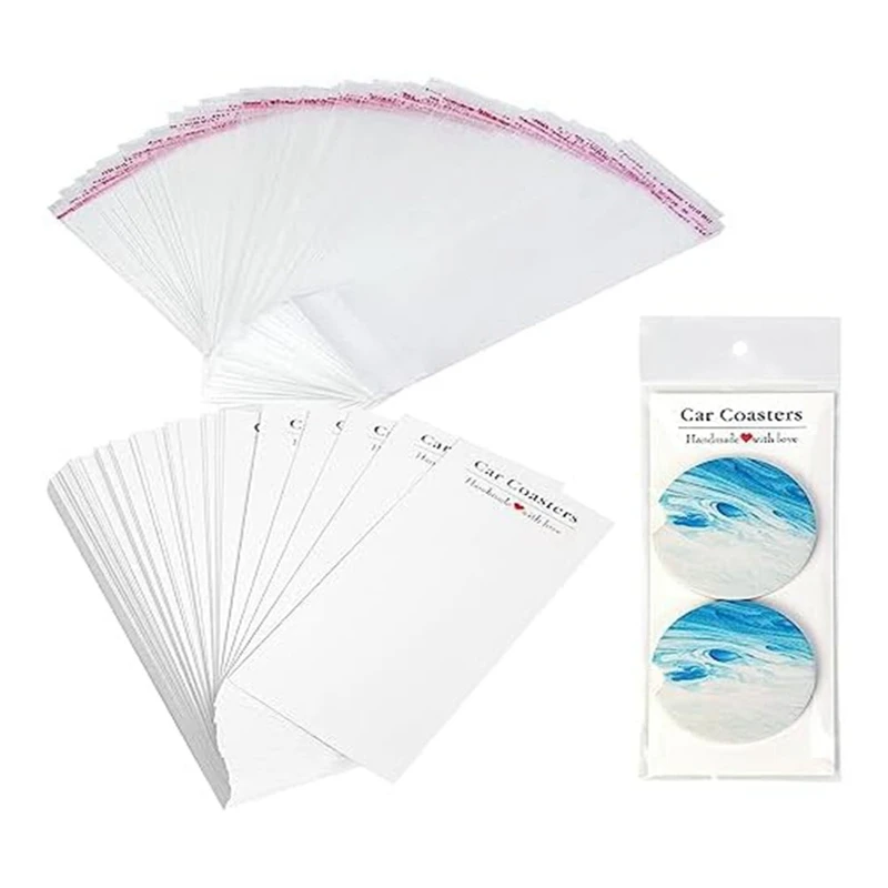 100 PCS Car Coaster Pack White Sublimation Car Coaster Card With 100 Bags For Packaging Display, Sublimation Car Coaster Card