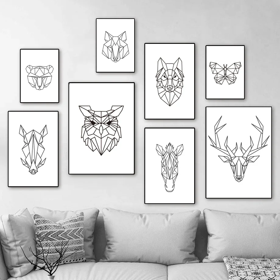 Deer Owl Wolf Horse Abstract geometry Line Wall Art Canvas Painting Nordic Posters & Prints Wall Pictures For Living Room Decor