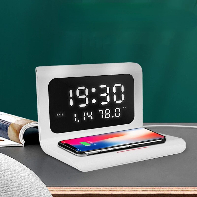 15W Wireless Charger Pad Stand with Alarm Clock Thermometer   14 13 12 11 X   Phone Fast Charging Station