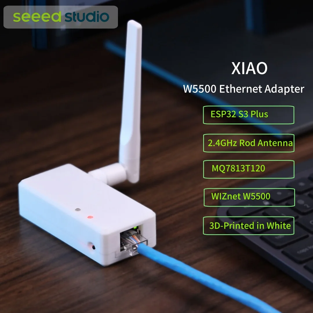 XIAO W5500 Ethernet Adapter V1.2 PoE Development Board, Featuring ESP32 S3 Plus, TPS563201, 2.4GHz Rod Antenna 2.81dBi, MQ7813T1