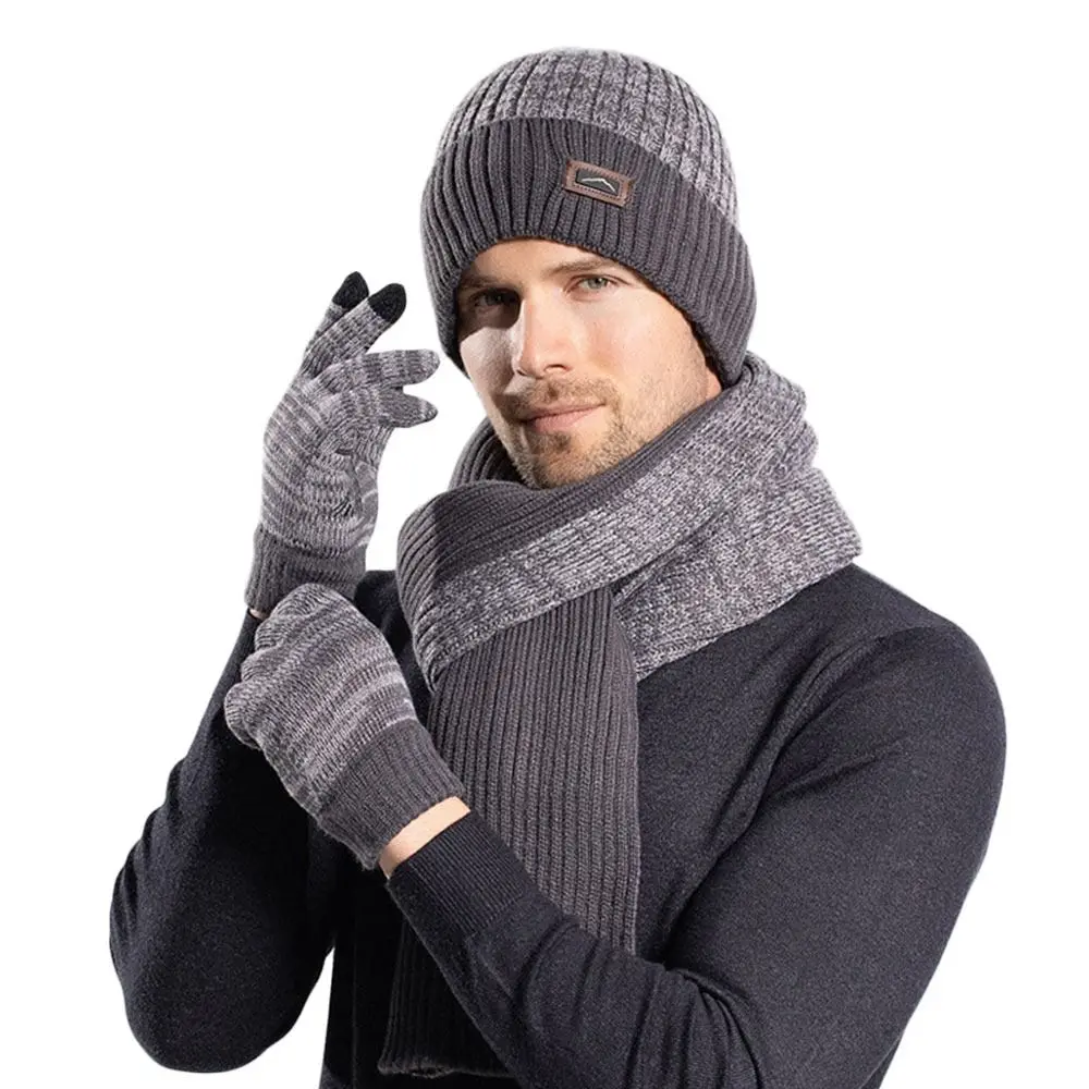 Cachecol de malha para homens e mulheres, lenços de forro polar, luvas de lã touch screen, macio, quente, ao ar livre, inverno, 3 peças por conjunto