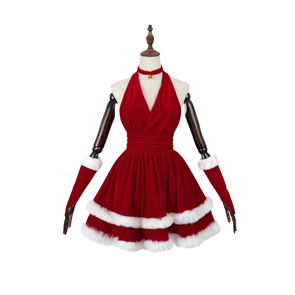 

Christmas Party Dresses for Women Velvet Santa Cosplay Costume Female Sexy Red Halter Neck Sleeveless Mini Gown Necklace Gloves