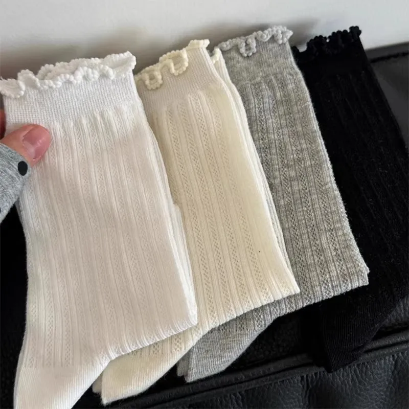 4pairs Women Hollow Lace Loose Socks Japanese Lovely Sweet Ruffle Cotton Lace JK Lolita Style Princess Socks High Quality Socks