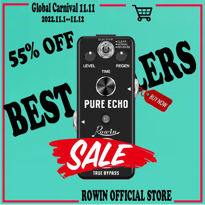 

Rowin LEF-3803 Digital Delay Echo Effect Pedal for Guitar Bass with 3 Modes Clear Normal Reverse