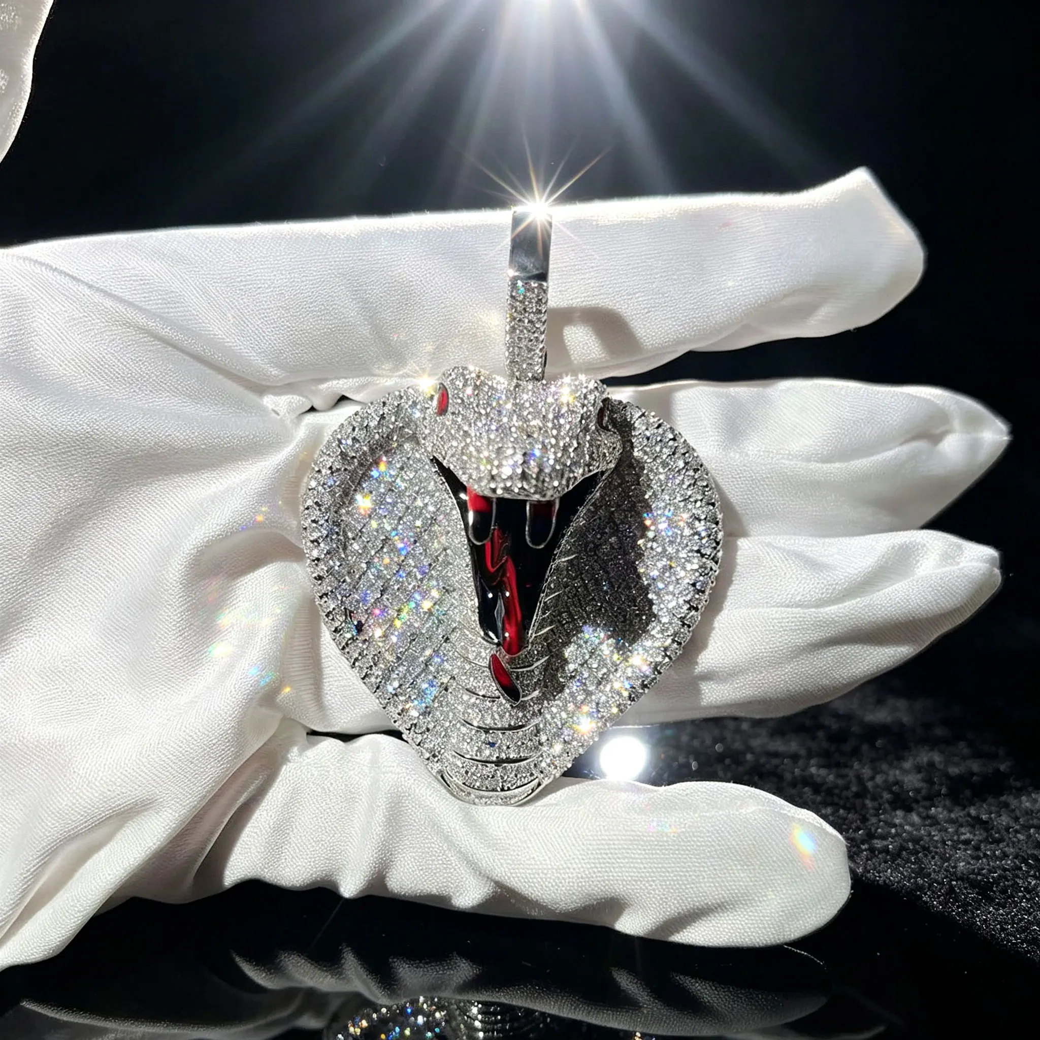 Men's Iced out Pendant Necklace Copper Base Fully Covered Cubic Zirconia Silver Plated Red Black Enamel Cobra Hip Hop Punk Jewelry for Cool Party Concert