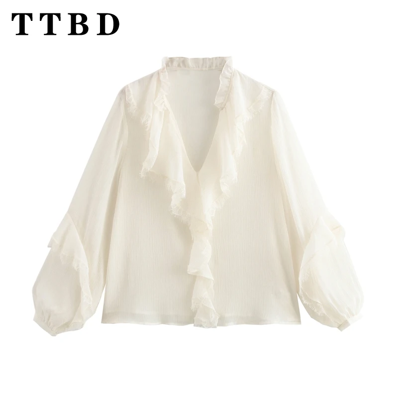 TTBD 2024 Autumn New Woman's Sophisticated V-Collar Outerwear Shirt Party Female Solid Color Sleeveless Top Ruched Thin Ruffles