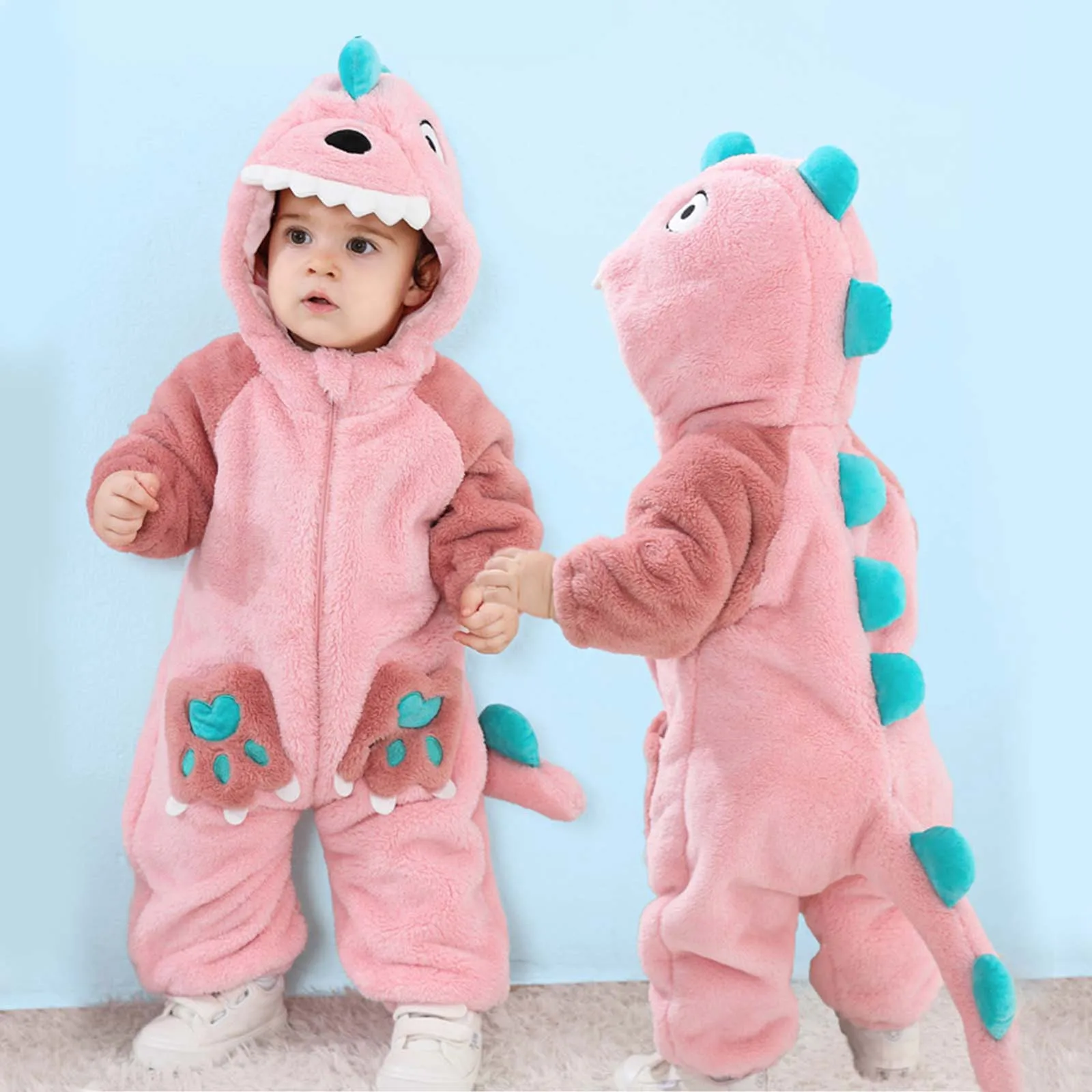 Lovely Dinosaur Newborn Baby Girl Clothes Bodysuit Plush Soft Warm Toddler Jumpsuit Halloween Kid Infant Pajamas Overalls Zipper