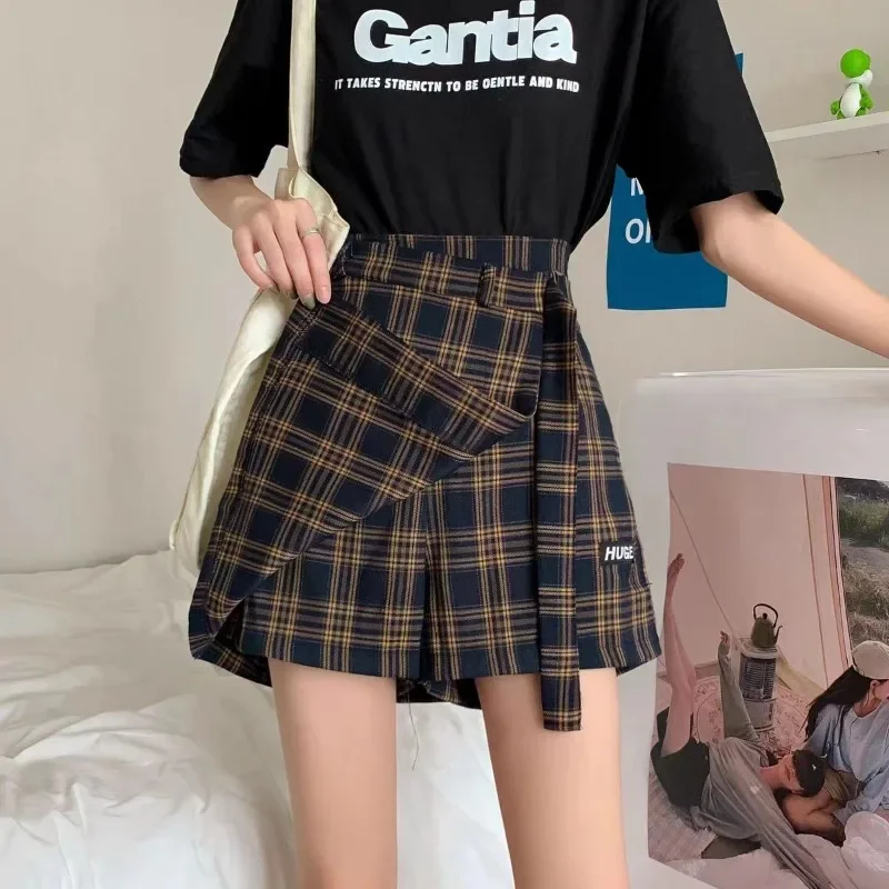 Versatile Wide-legged A-line Hakama Pants Fake Two Irregular Plaid Skirts Women's Spring Summer Korean Version Oversized Student