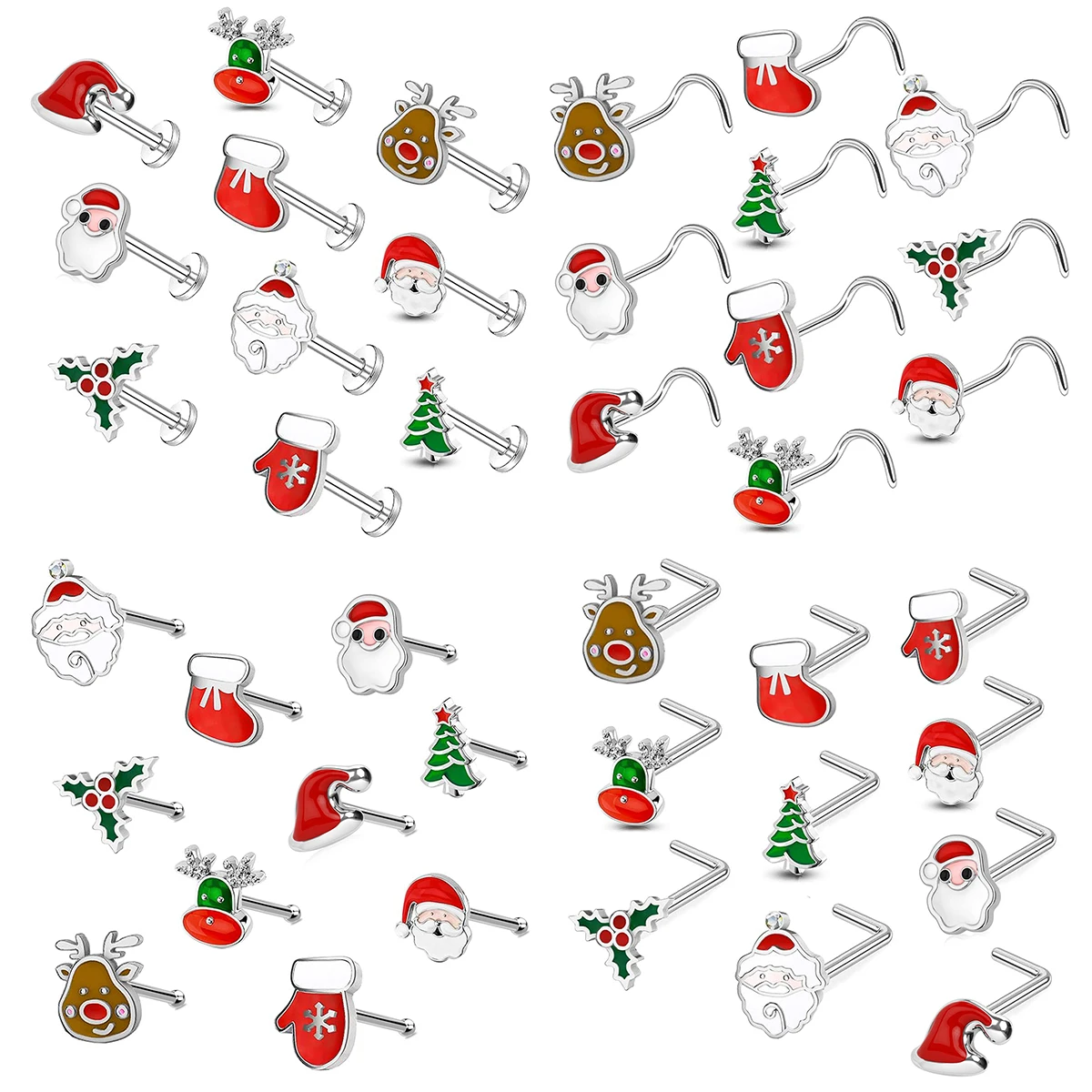 10pcs Stainless Steel Christmas Nose Ring Labret Lip Piercing Santa Claus Snowflake Hat Shoe Deer Nostril Stud Piercing Jewelry