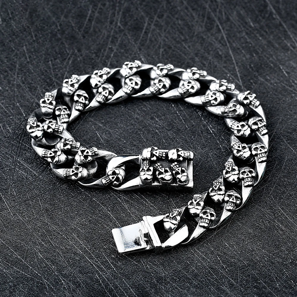 Fashion Vintage Male Skeleton Chain Bracelet Stainless Steel Punk Hip Hop Black All Skull Bracelets Jewelry Gifts Dropshipping