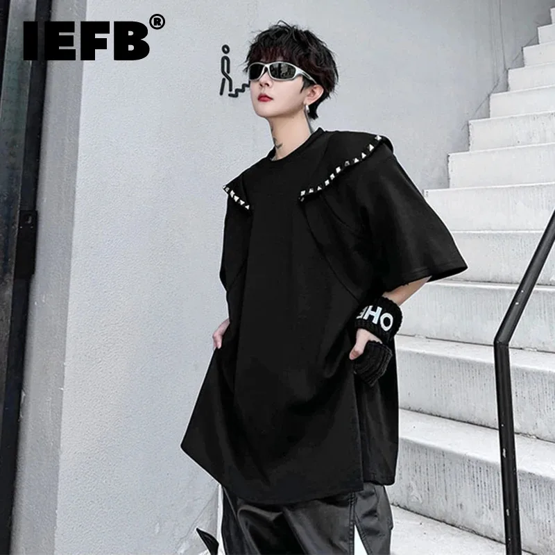 

IEFB Men's T-shirt Summer Round Neck Loose Short Sleeve Top Rivet Structure Patchwork Decoration Design 2024 New Fashion 28W3266